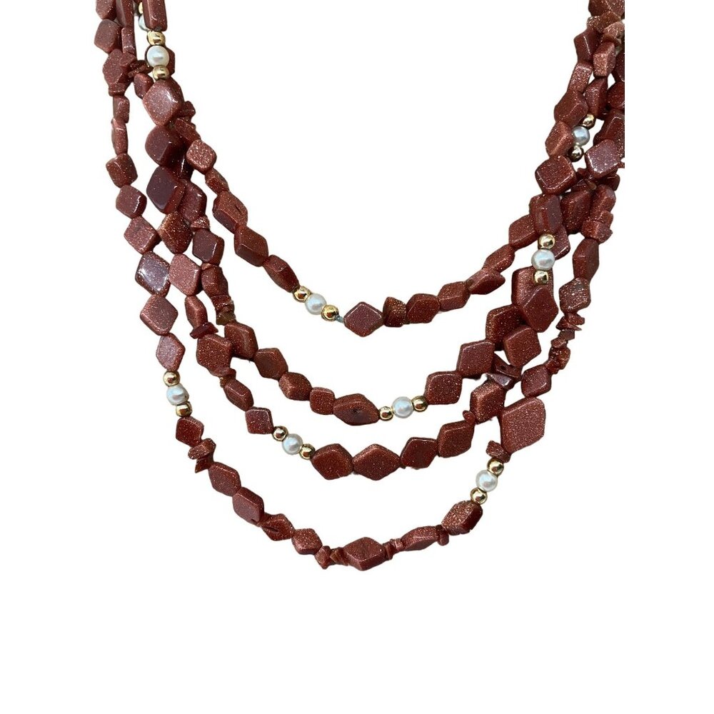Vintage Dainty Goldstone Gemstone Long necklace Set of 2 Layered Neutral